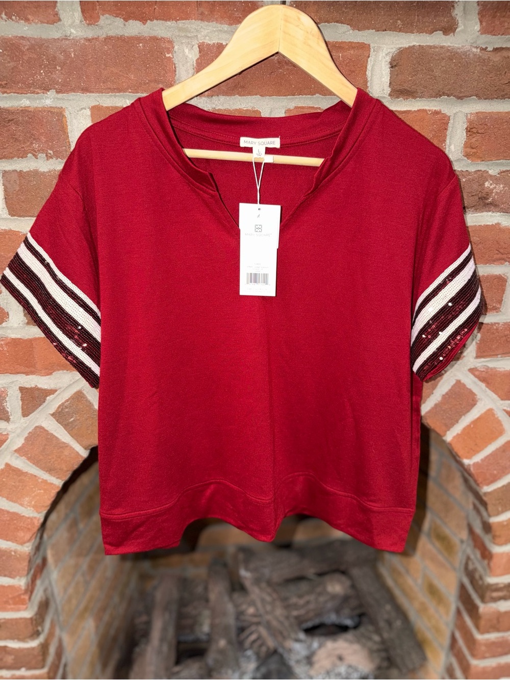 Mary Square Red Short-Sleeve Tee with Striped Sequin Sleeves